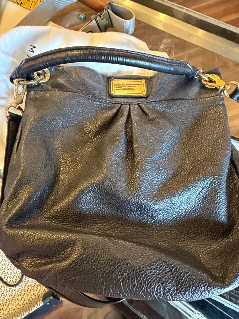 Marc Jacobs Black Pebbled Leather Shoulder Bag with Gold Hardware
